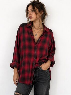 J.Jill Red Black Plaid Button Front Oversized Rayon Shirt Blouse Size M